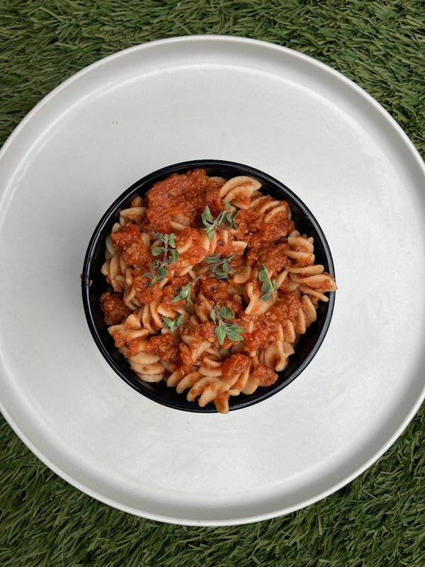 Pasta Topped with Super Team Savory Protein Bar Pasta Sauce 