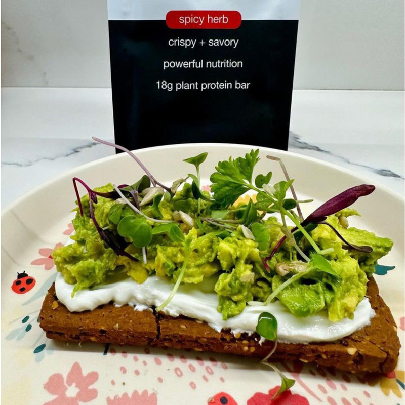 Labneh, Avocado, Microgreens on Spicy Herb Protein Bar